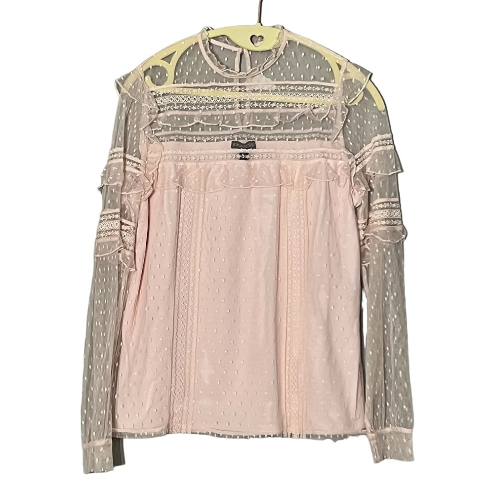 Express Women’s Blush Pink Sheer Mesh Polka Dot Frill Collar & Sleeve Blouse